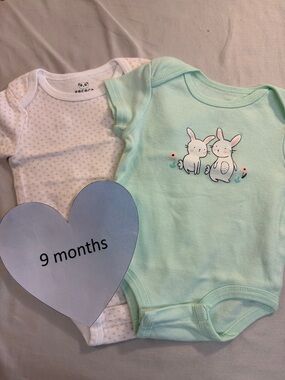 Rococo - set of 2 short sleeve Mint and White Bunny Bodysuit/Onesie Set